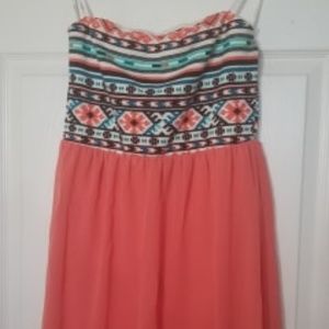 aztec coral and teal print strapless sundress